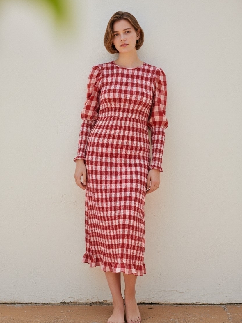 Women's Red/ Pink Gingham Long Sleeve Smocked Midi Dress